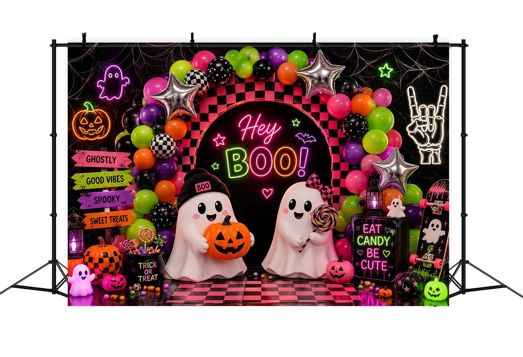 Halloween Backdrop For Photo Booth Neon Ghost Balloon Party Cute Halloween Backdrop UK LXX67-182