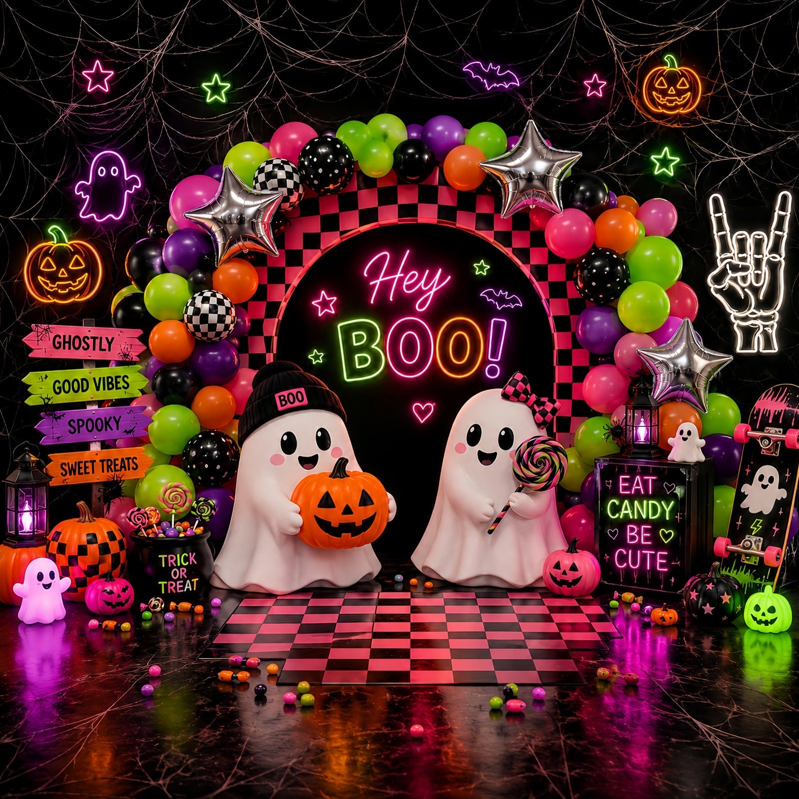 Halloween Backdrop For Photo Booth Neon Ghost Balloon Party Cute Halloween Backdrop UK LXX67-182