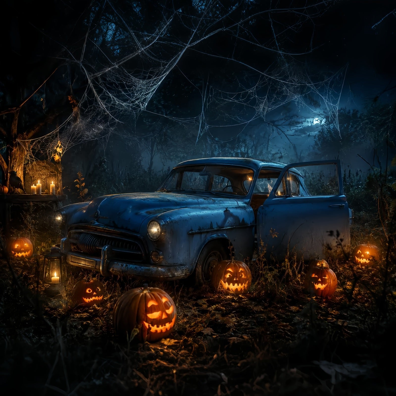 Halloween Garage Backdrop Abandoned Pumpkin Forest Car Backdrops For Halloween UK LXX67-184