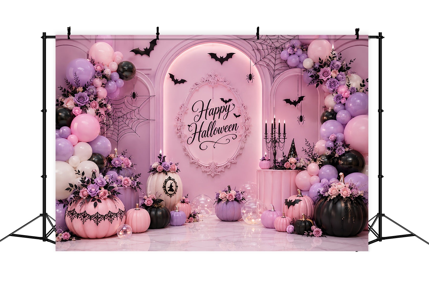 Halloween Picture Backdrops Pastel Pumpkin Floral Balloon Arch Halloween Birthday Backdrop UK LXX67-185