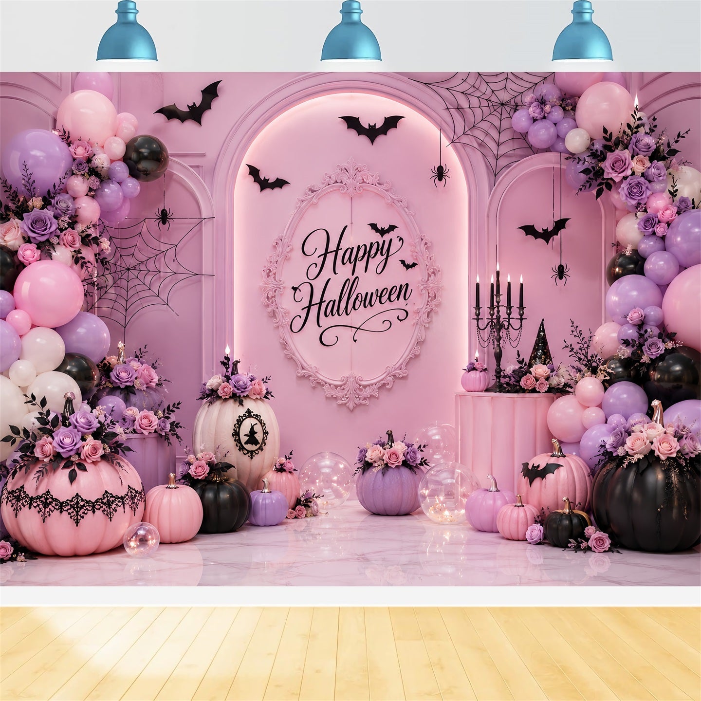 Halloween Picture Backdrops Pastel Pumpkin Floral Balloon Arch Halloween Birthday Backdrop UK LXX67-185