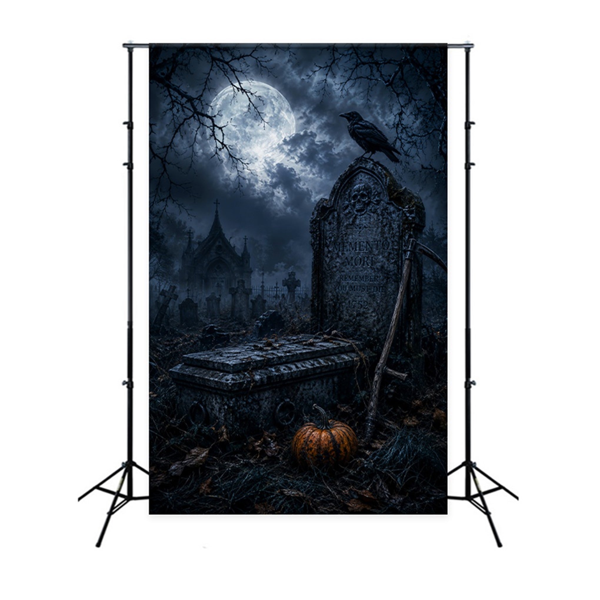 Halloween House Backdrop Moonlit Raven Tombstone Graveyard Halloween Cemetery Backdrop UK LXX67-186