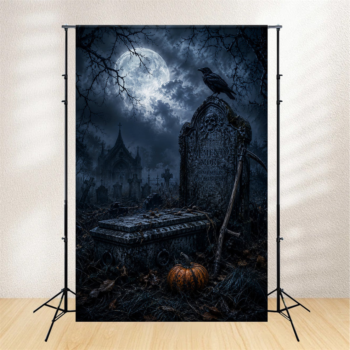 Halloween House Backdrop Moonlit Raven Tombstone Graveyard Halloween Cemetery Backdrop UK LXX67-186