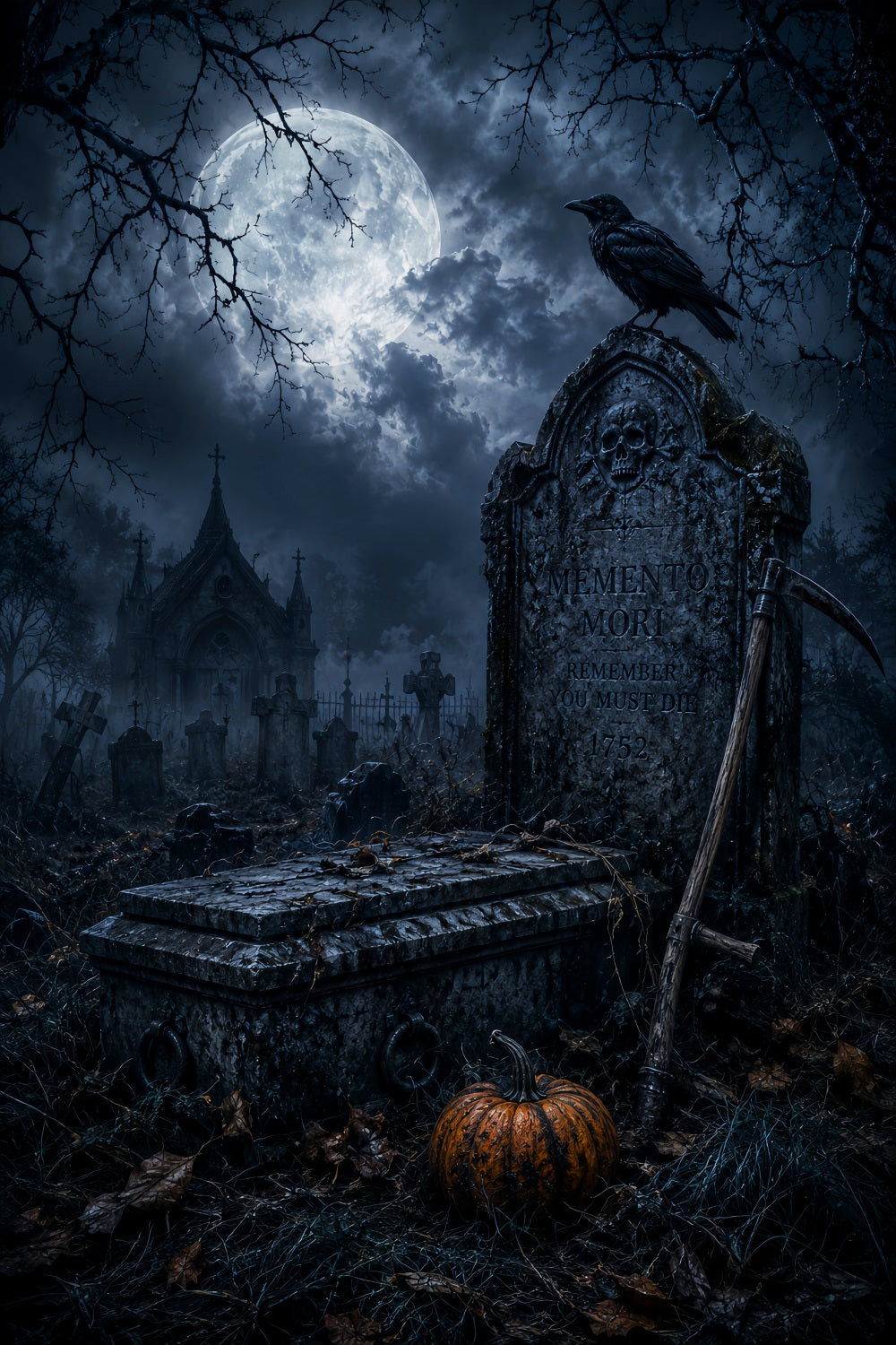 Halloween House Backdrop Moonlit Raven Tombstone Graveyard Halloween Cemetery Backdrop UK LXX67-186