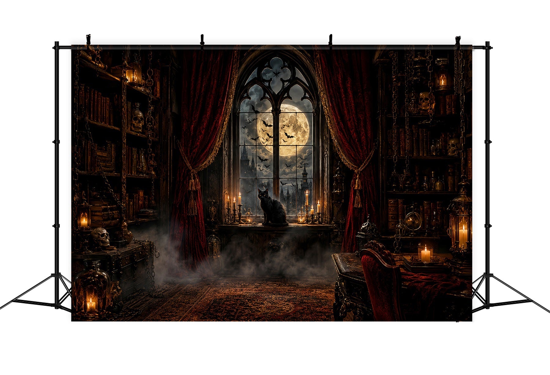 Scary Halloween Backdrop Ideas Moonlit Gothic Cat Library Halloween Photoshoot Backdrop UK LXX67-187