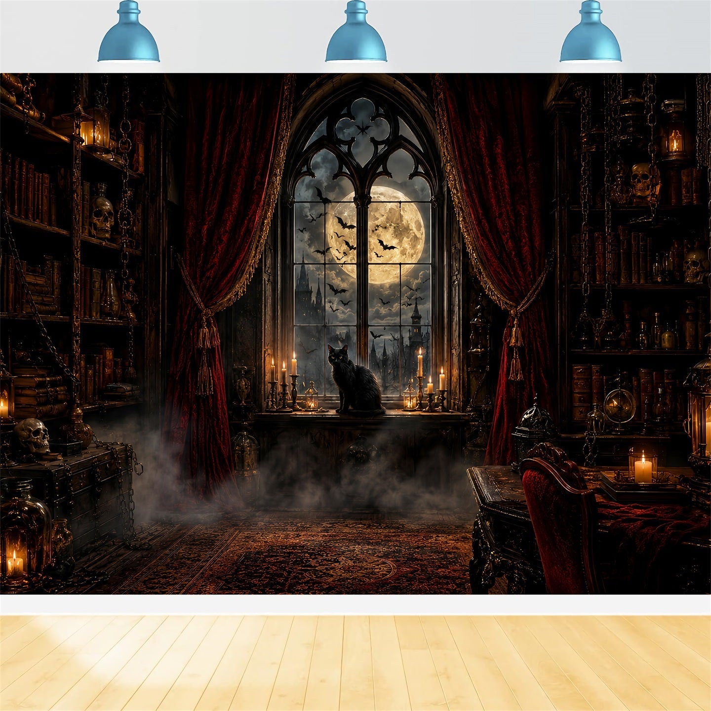 Scary Halloween Backdrop Ideas Moonlit Gothic Cat Library Halloween Photoshoot Backdrop UK LXX67-187