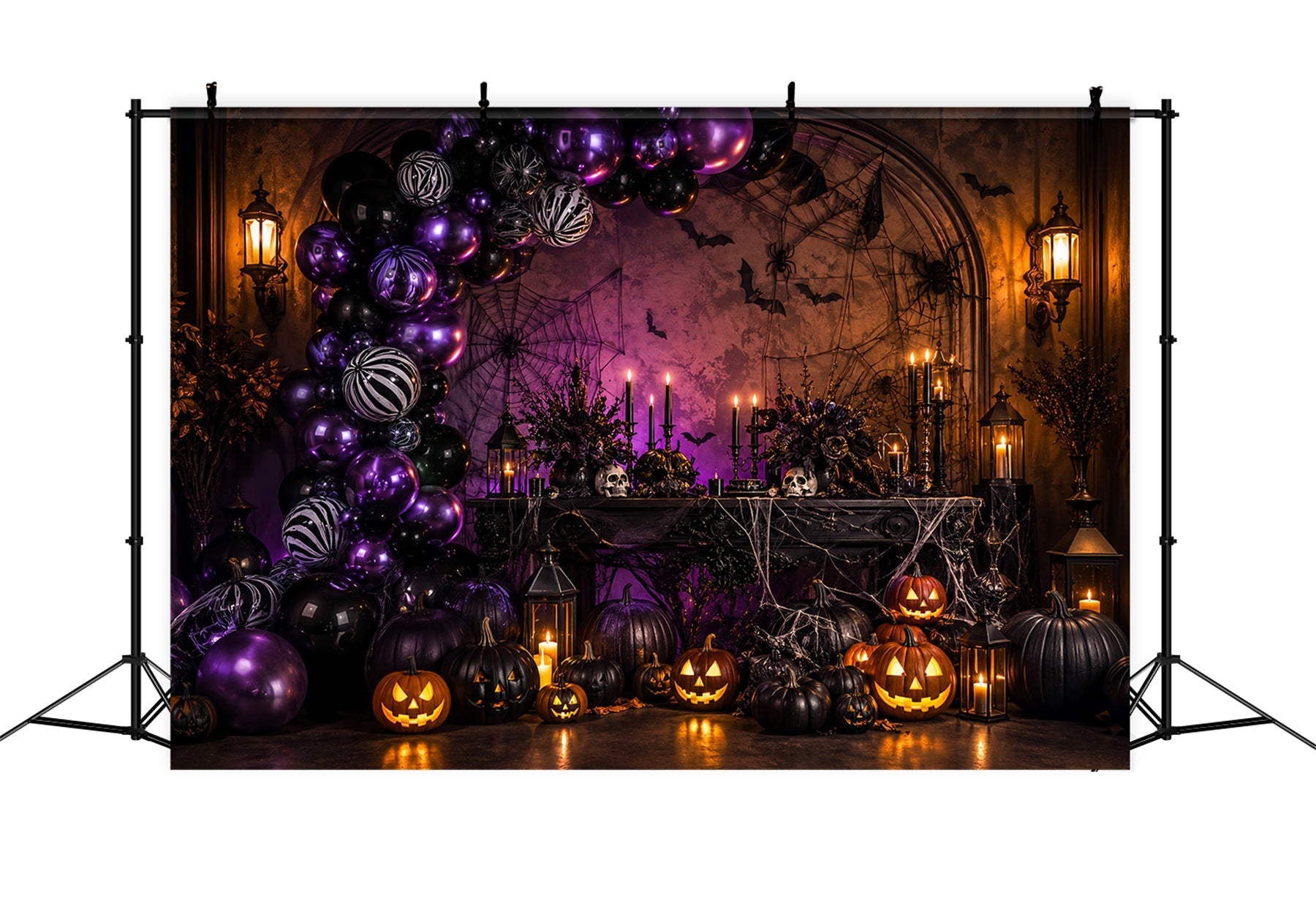 Halloween Balloon Backdrop Purple Pumpkin Spider Web Halloween Themed Backdrop UK LXX67-189