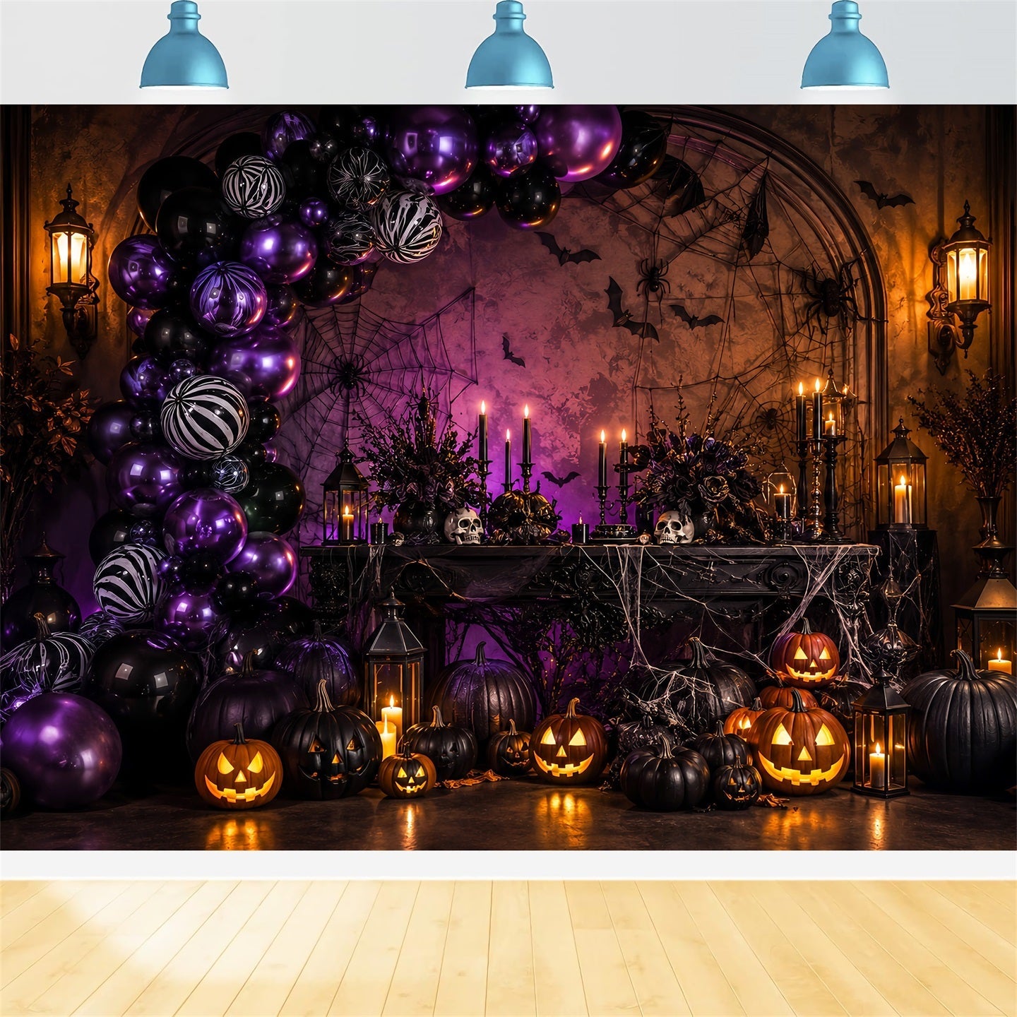 Halloween Balloon Backdrop Purple Pumpkin Spider Web Halloween Themed Backdrop UK LXX67-189