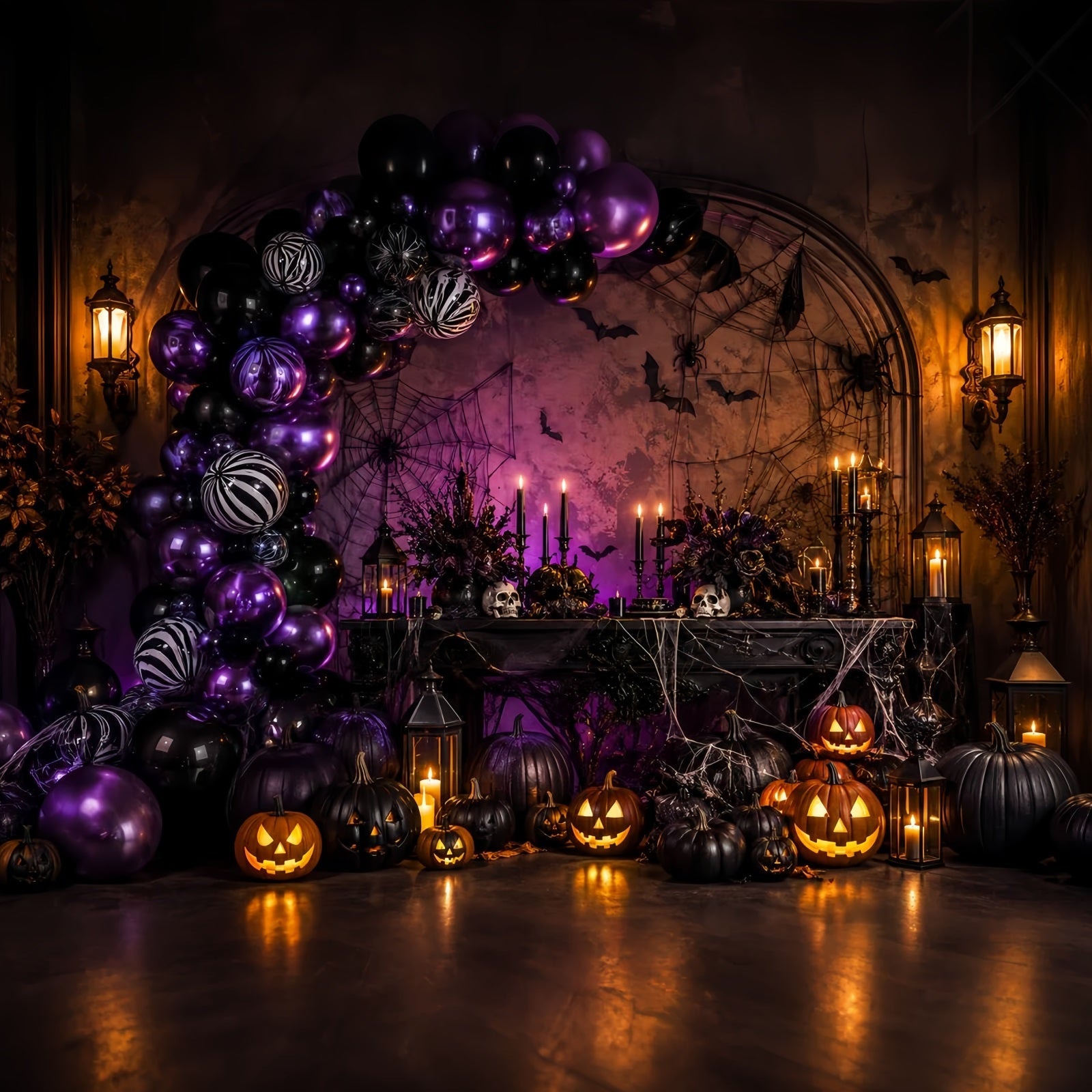Halloween Balloon Backdrop Purple Pumpkin Spider Web Halloween Themed Backdrop UK LXX67-189