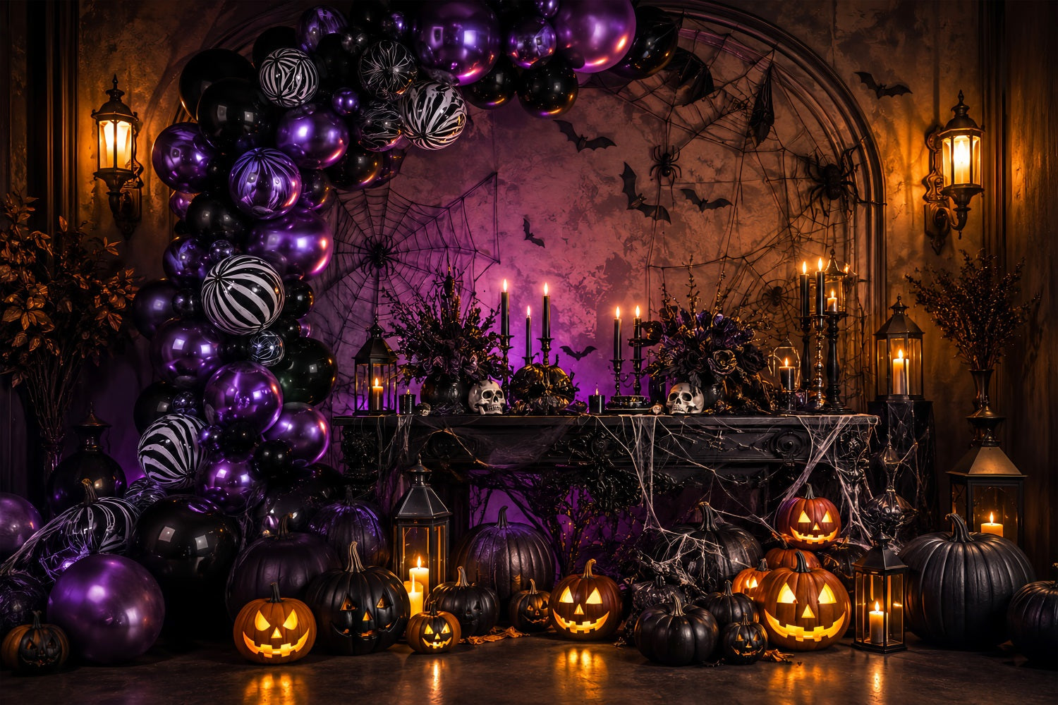 Halloween Balloon Backdrop Purple Pumpkin Spider Web Halloween Themed Backdrop UK LXX67-189
