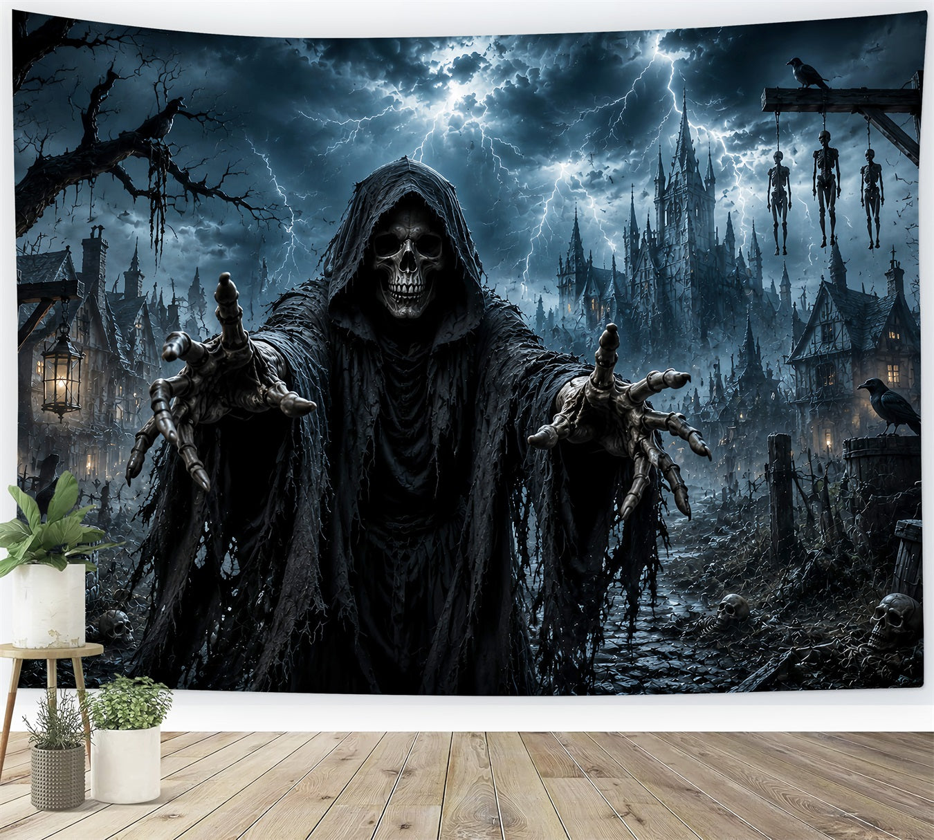 Halloween Ghost Backdrop Grim Reaper Skeleton Village Scary Halloween Backdrop UK LXX67-19