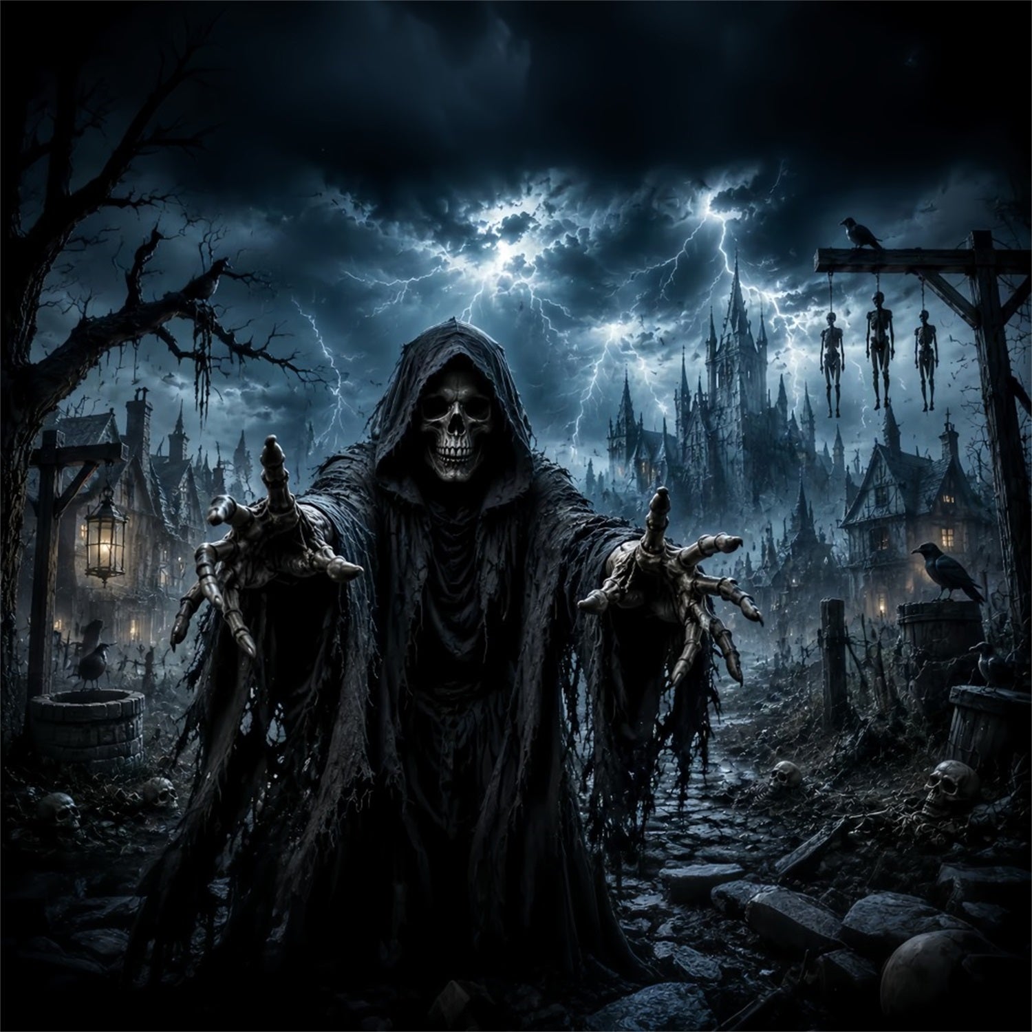 Halloween Ghost Backdrop Grim Reaper Skeleton Village Scary Halloween Backdrop UK LXX67-19