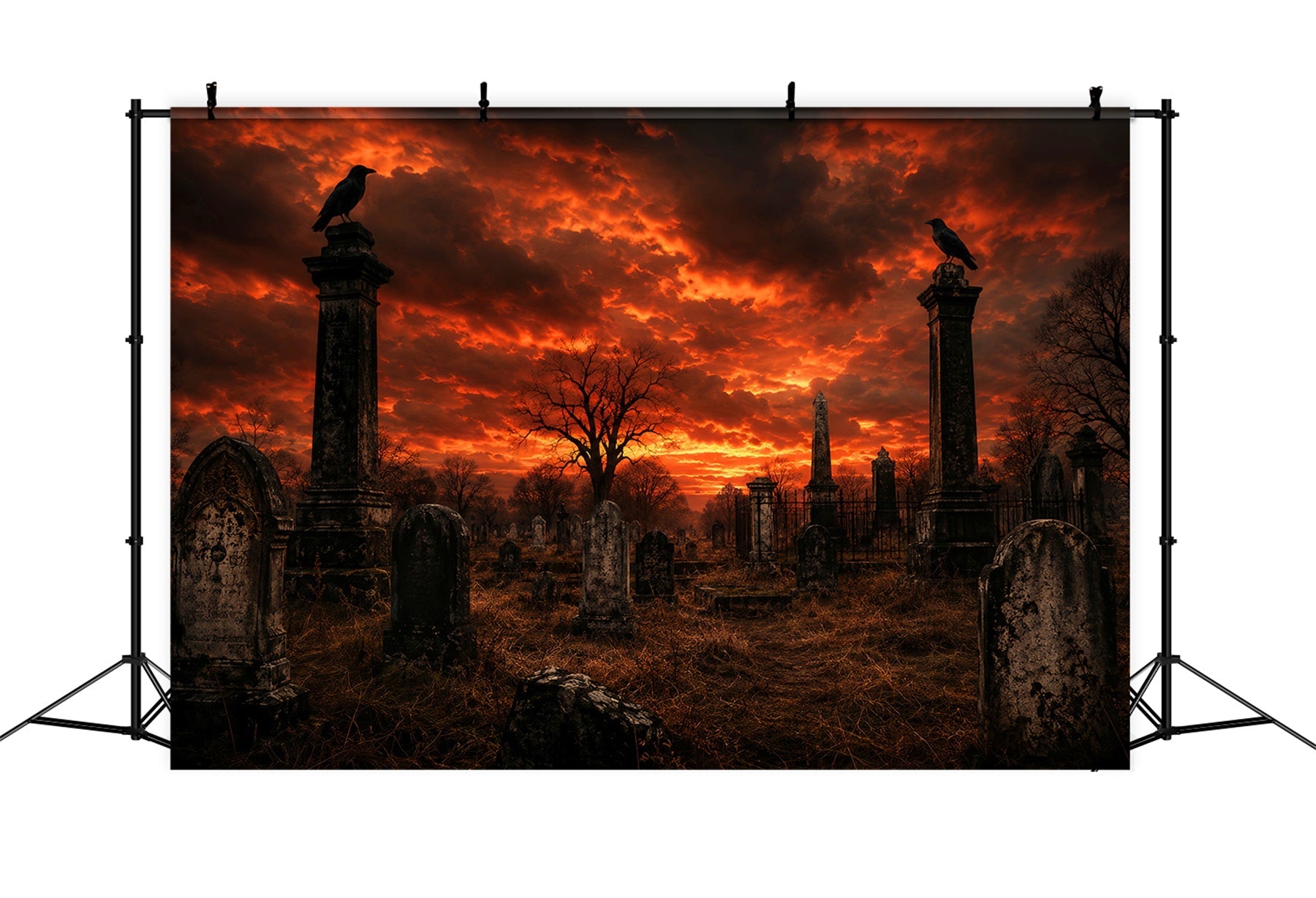 DIY Halloween Backdrop Ideas Fiery Sunset Raven Graveyard Scary Backdrops For Halloween UK LXX67-190
