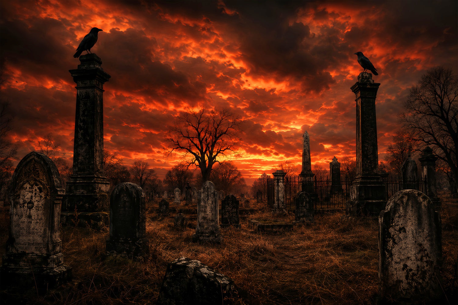 DIY Halloween Backdrop Ideas Fiery Sunset Raven Graveyard Scary Backdrops For Halloween UK LXX67-190