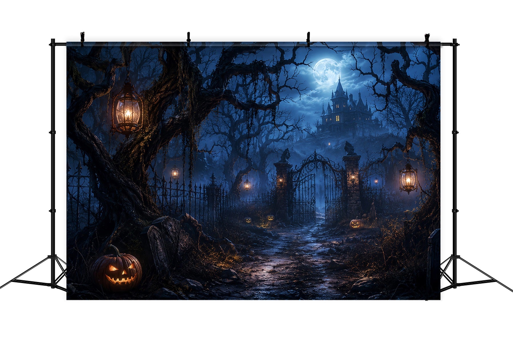 Halloween Forest Backdrop Moonlit Haunted Mansion Gateway Vintage Halloween Backdrop UK LXX67-191
