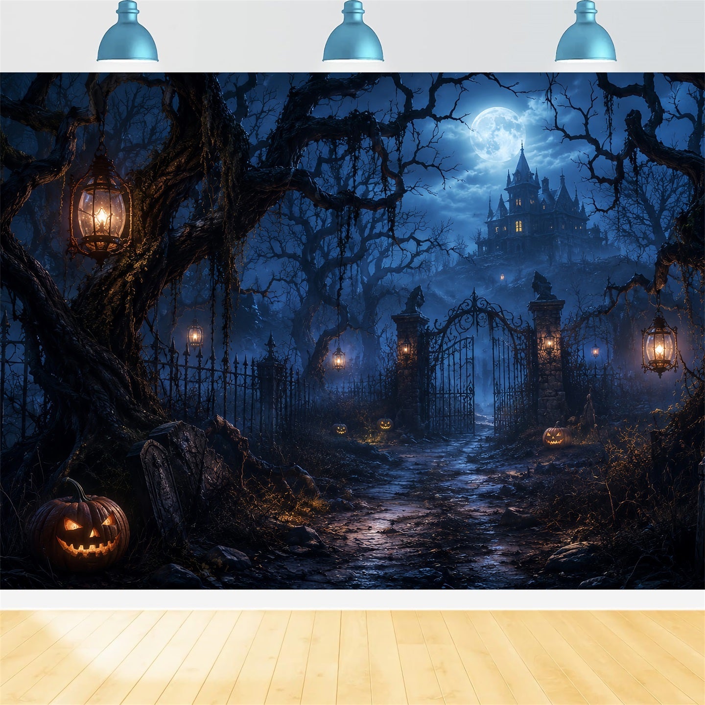 Halloween Forest Backdrop Moonlit Haunted Mansion Gateway Vintage Halloween Backdrop UK LXX67-191