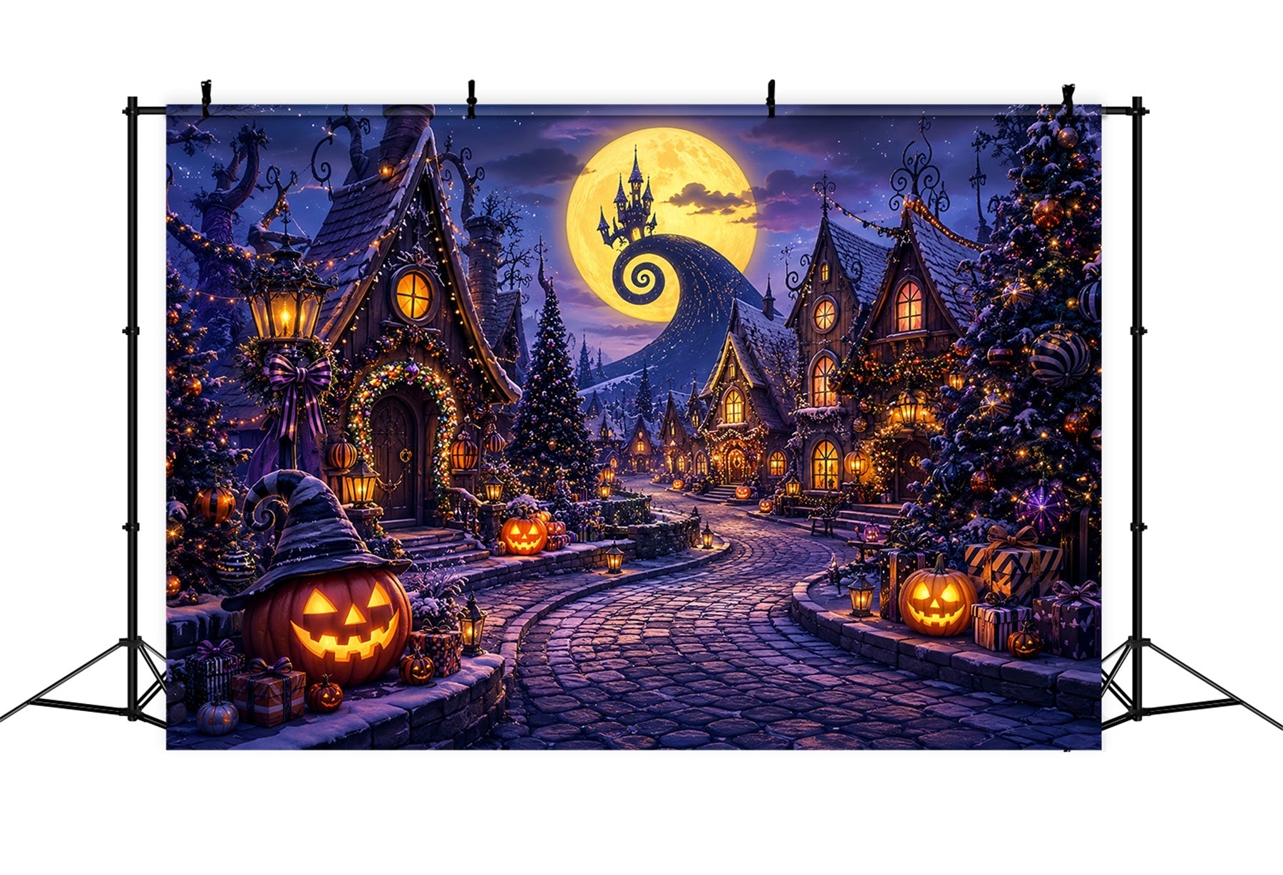 Photography Backdrops Halloween Moonlit Pumpkin Holiday Village Halloween Town Backdrop UK LXX67-196