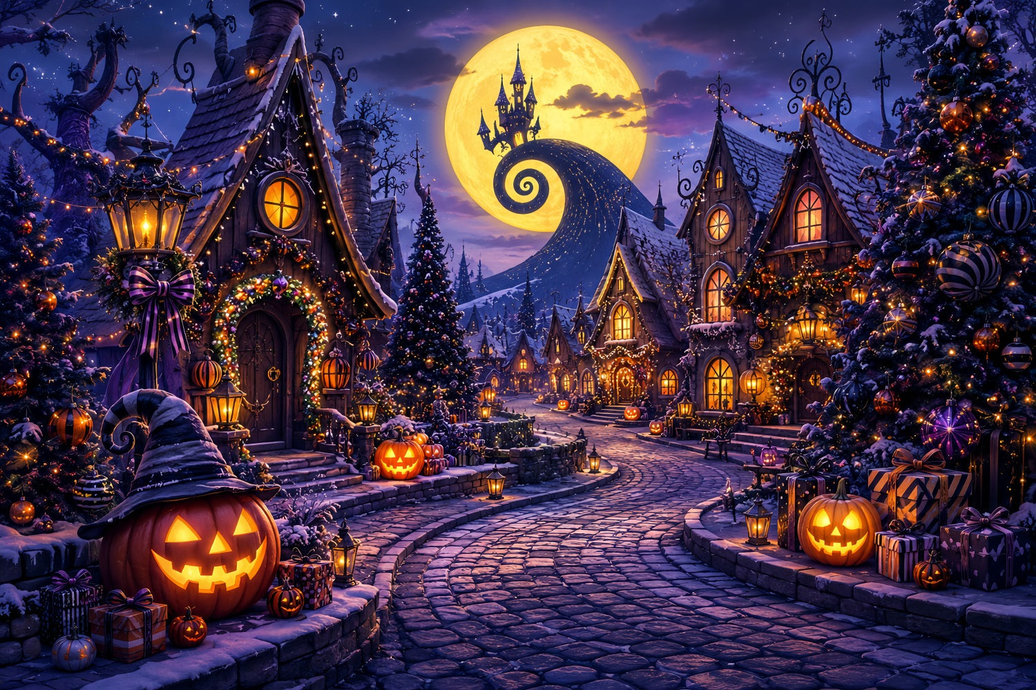 Photography Backdrops Halloween Moonlit Pumpkin Holiday Village Halloween Town Backdrop UK LXX67-196