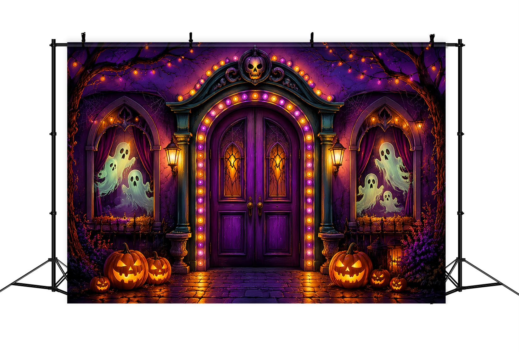 Halloween Cardboard Backdrops Purple Ghost Arch Entrance Halloween Photography Backdrop UK LXX67-20
