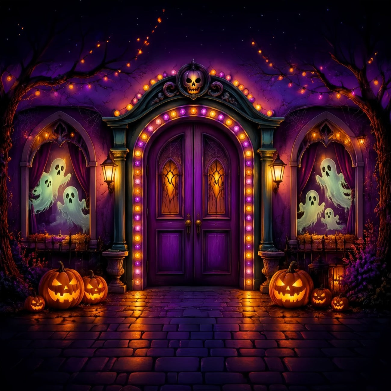 Halloween Cardboard Backdrops Purple Ghost Arch Entrance Halloween Photography Backdrop UK LXX67-20