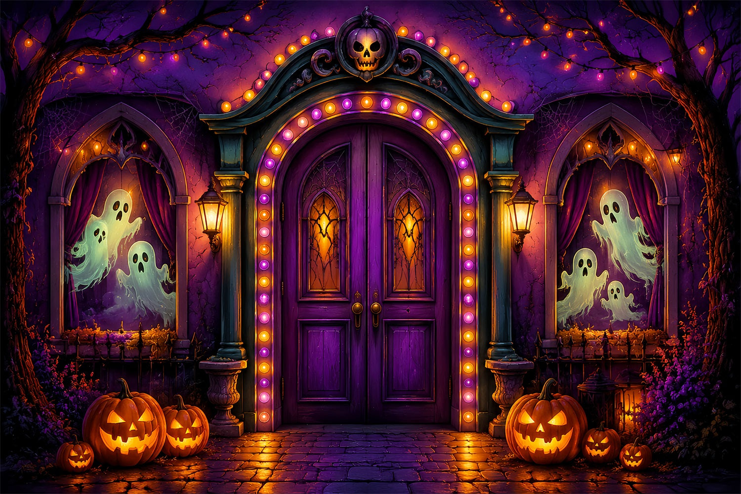 Halloween Cardboard Backdrops Purple Ghost Arch Entrance Halloween Photography Backdrop UK LXX67-20