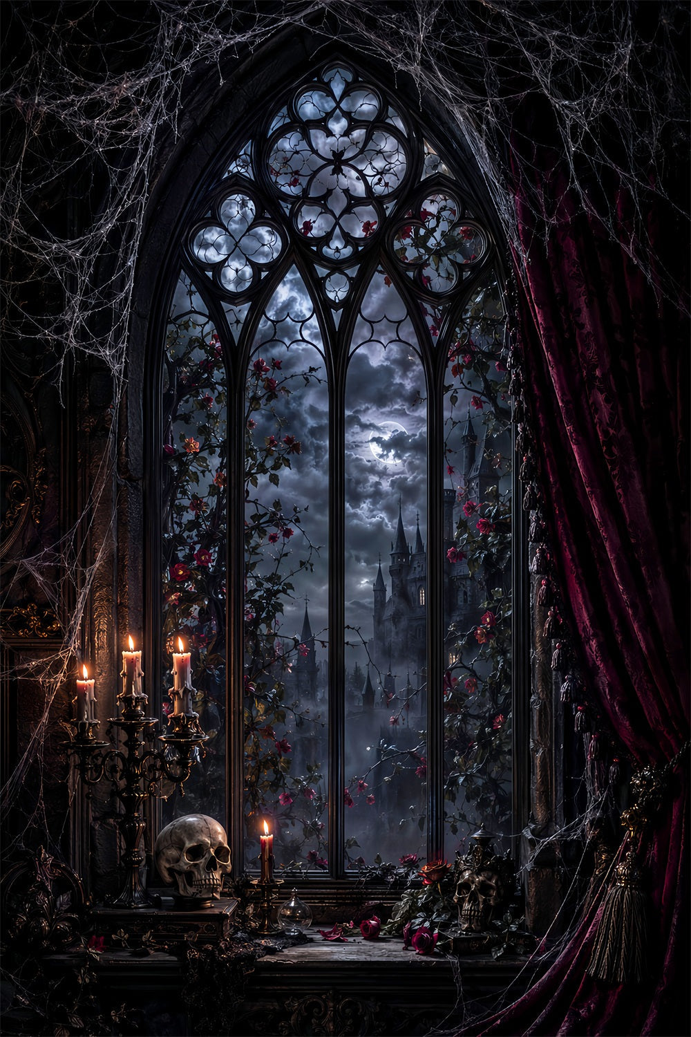 Halloween Backdrop Photography Gothic Moonlit Window Chamber Halloween Scary Backdrop UK LXX67-201
