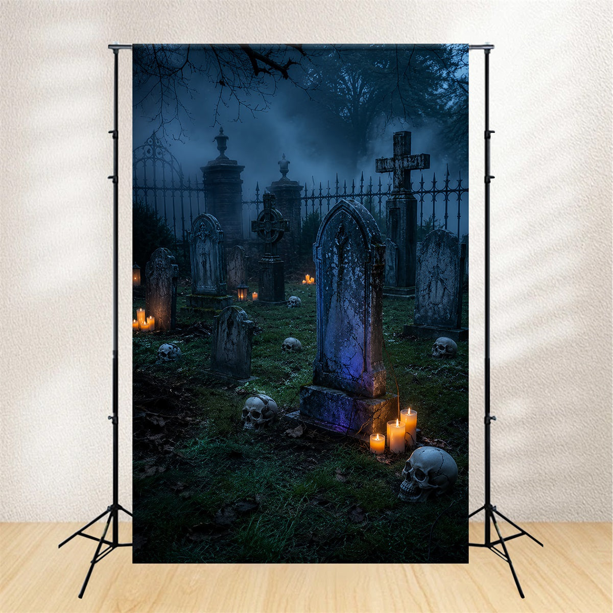 Halloween Cloth Backdrop Foggy Candlelit Skull Cemetery Graveyard Halloween Backdrops UK LXX67-202