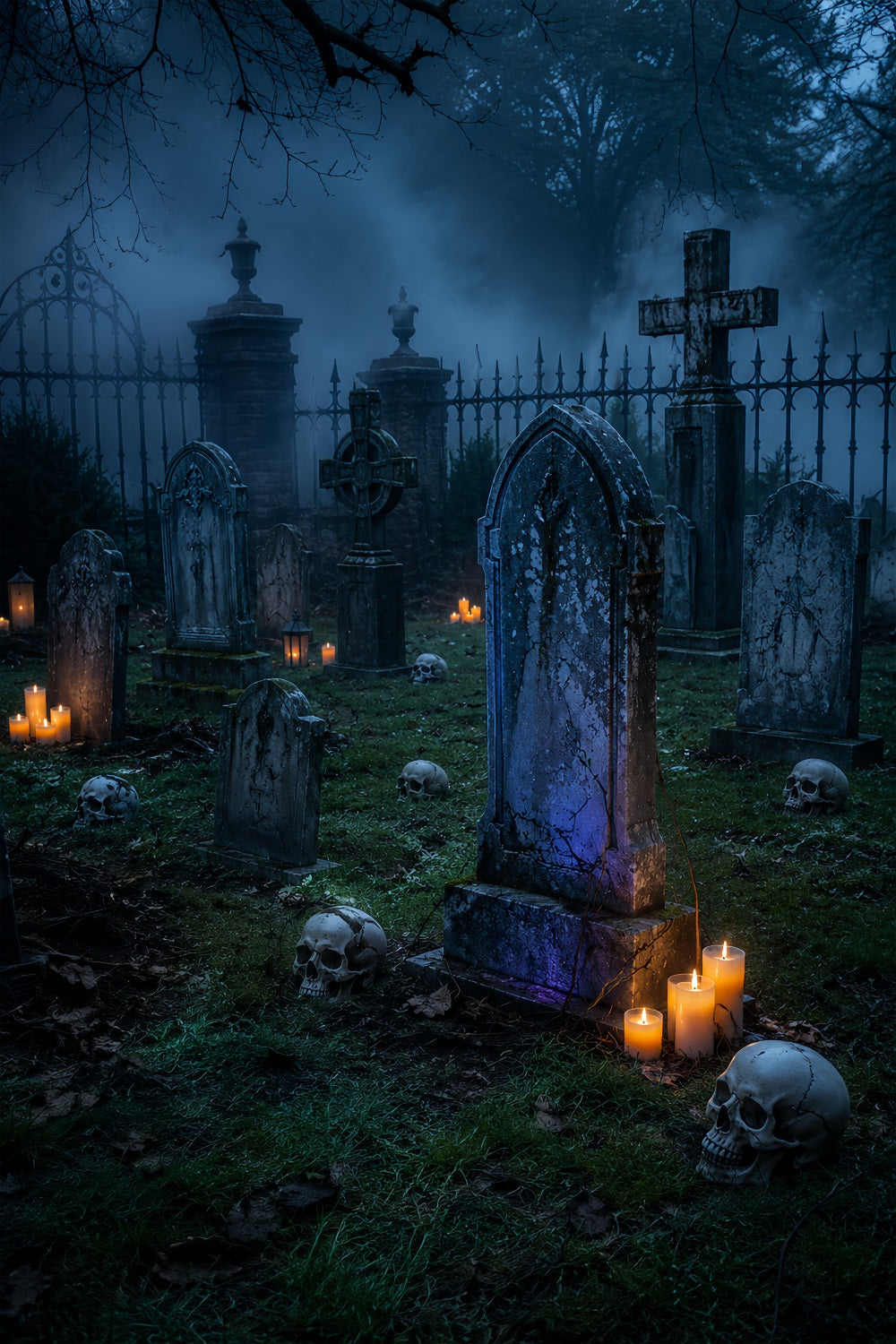 Halloween Cloth Backdrop Foggy Candlelit Skull Cemetery Graveyard Halloween Backdrops UK LXX67-202