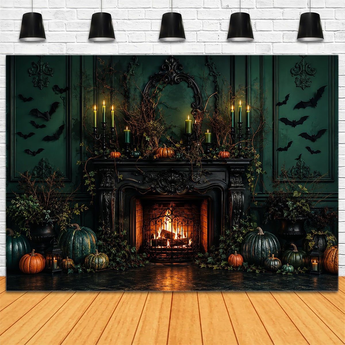 Scary Halloween Photo Backdrops Emerald Pumpkin Fireplace Mantel Happy Halloween Backdrop UK LXX67-206