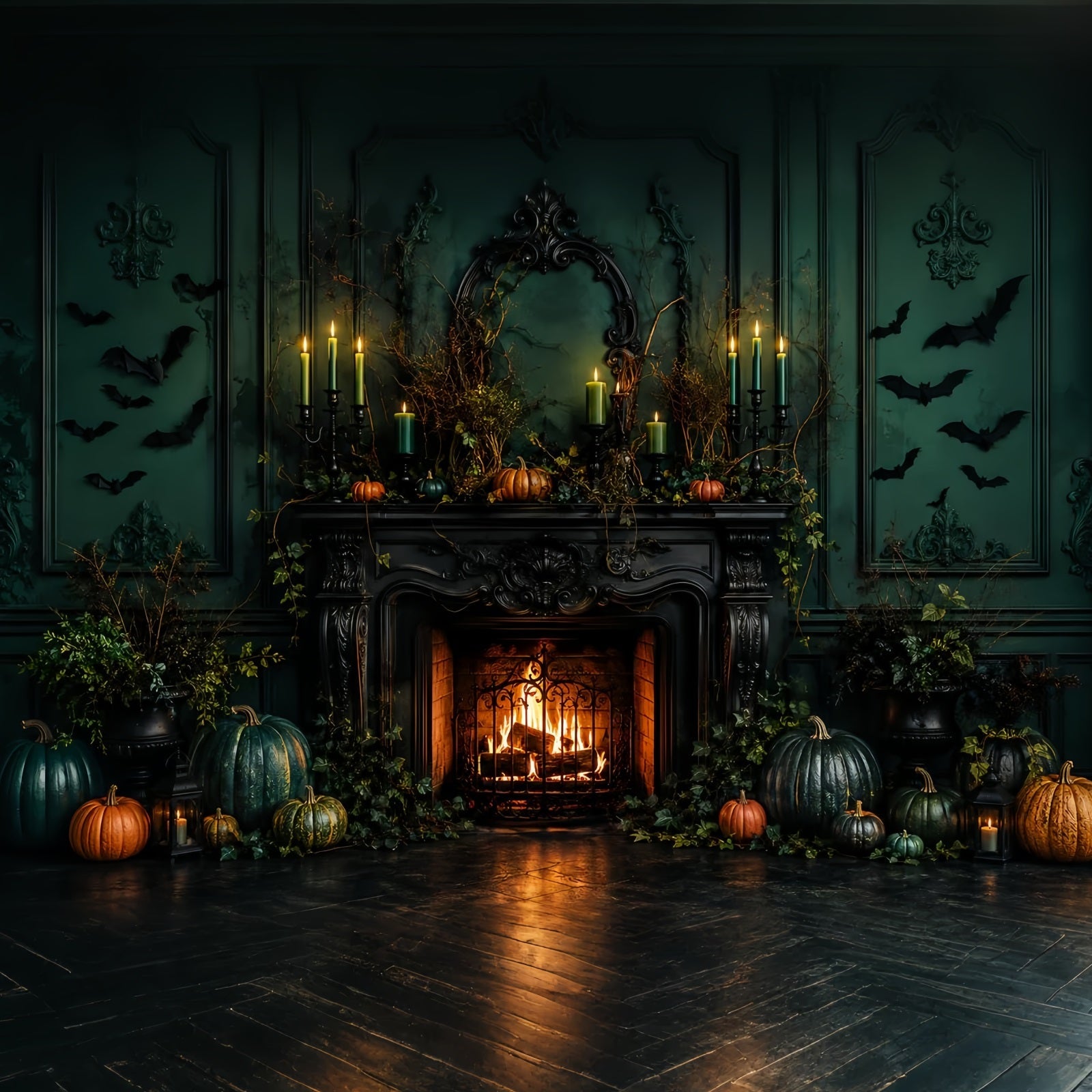 Scary Halloween Photo Backdrops Emerald Pumpkin Fireplace Mantel Happy Halloween Backdrop UK LXX67-206