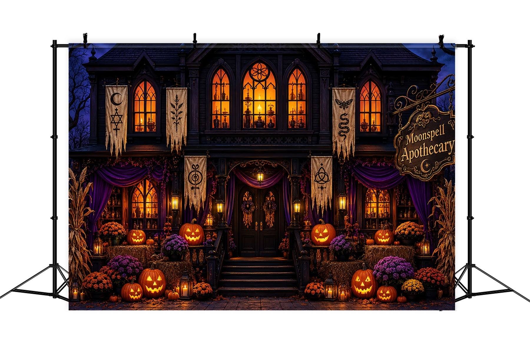 Halloween Backdrop Photos Gothic Pumpkin Apothecary Facade DIY Halloween Photo Backdrop UK LXX67-209