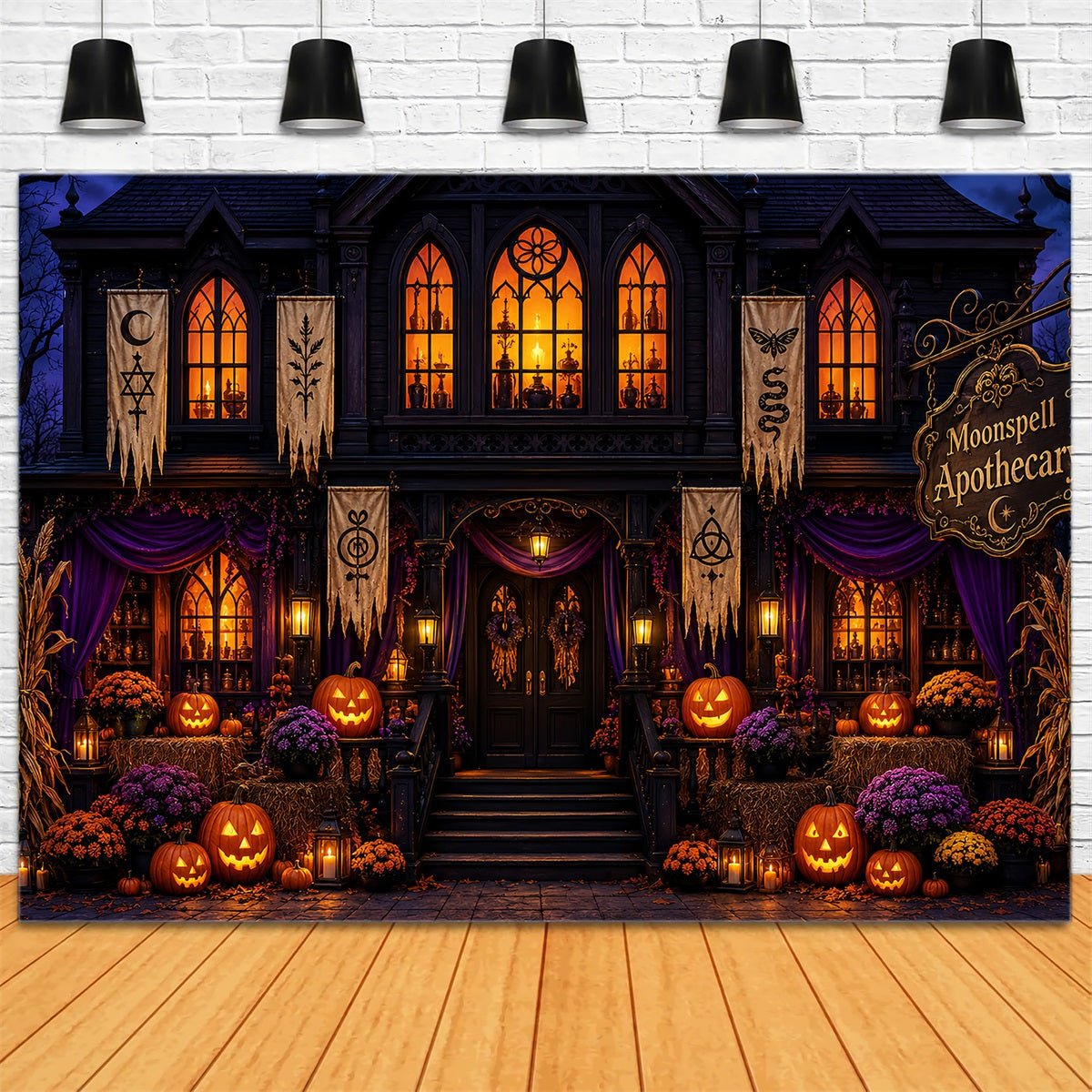 Halloween Backdrop Photos Gothic Pumpkin Apothecary Facade DIY Halloween Photo Backdrop UK LXX67-209