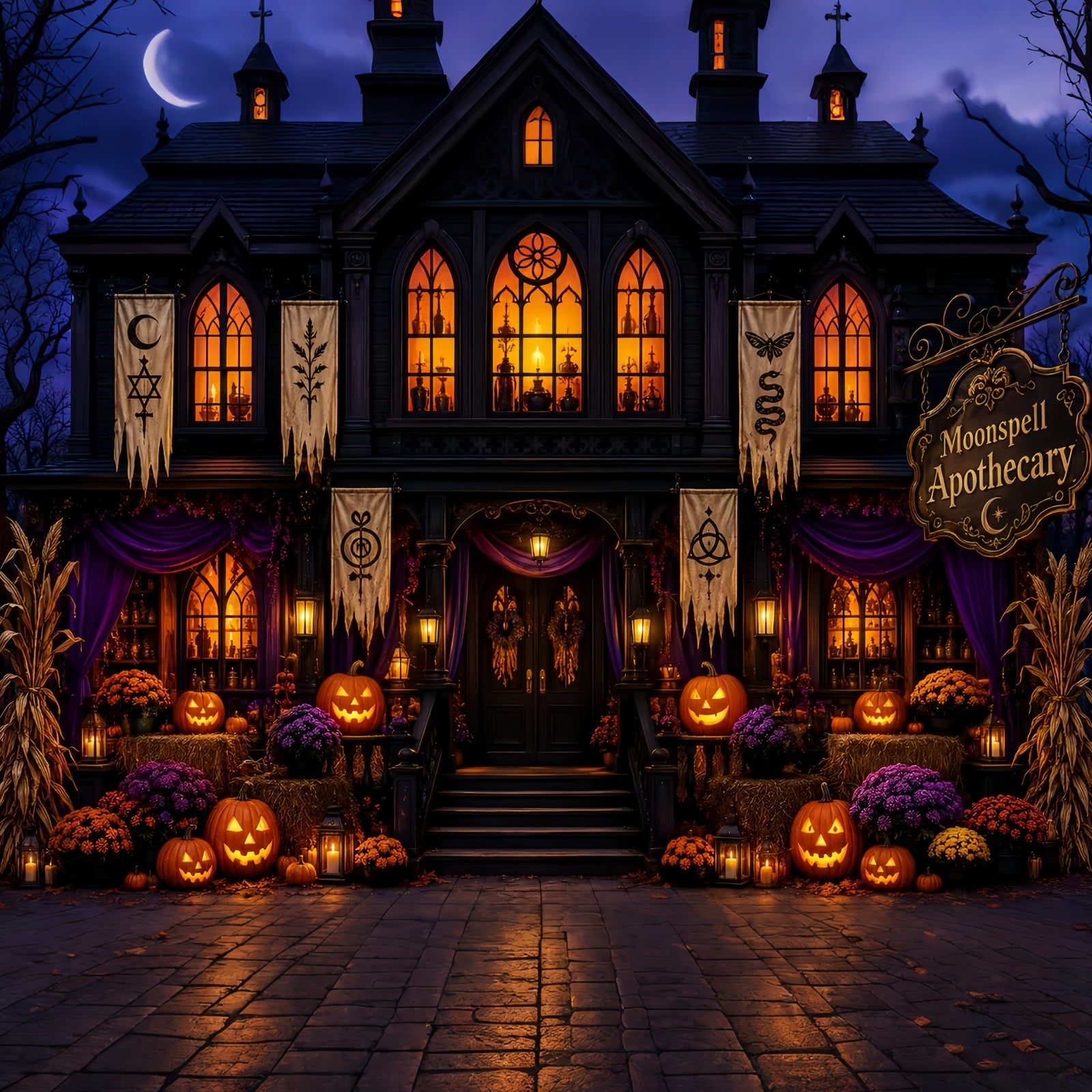 Halloween Backdrop Photos Gothic Pumpkin Apothecary Facade DIY Halloween Photo Backdrop UK LXX67-209