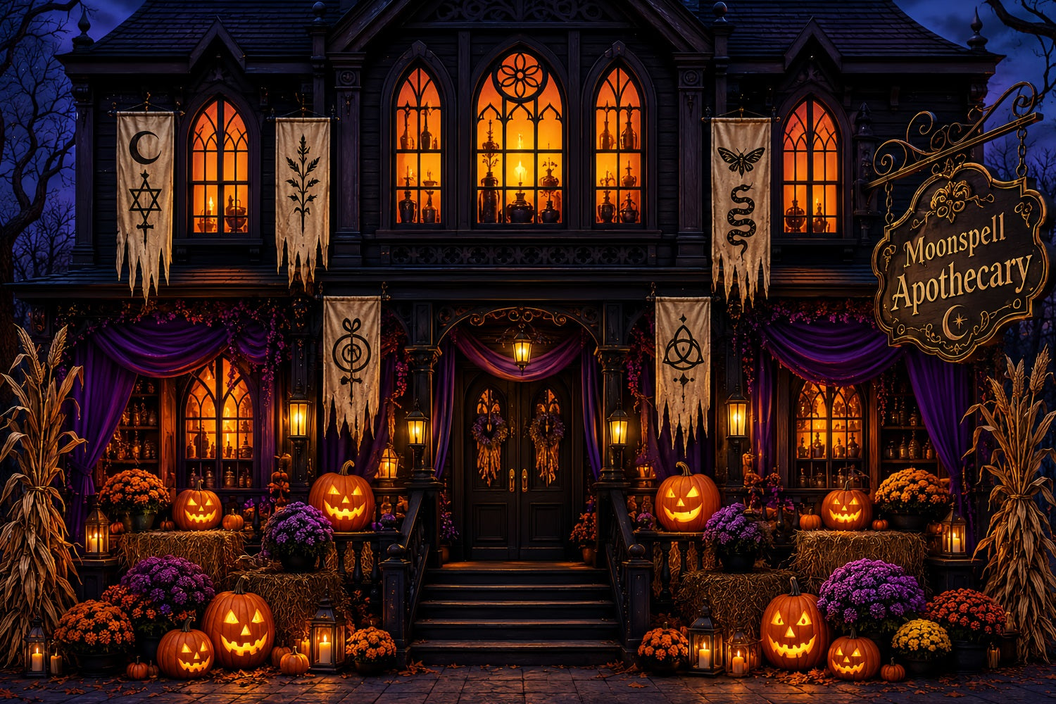 Halloween Backdrop Photos Gothic Pumpkin Apothecary Facade DIY Halloween Photo Backdrop UK LXX67-209