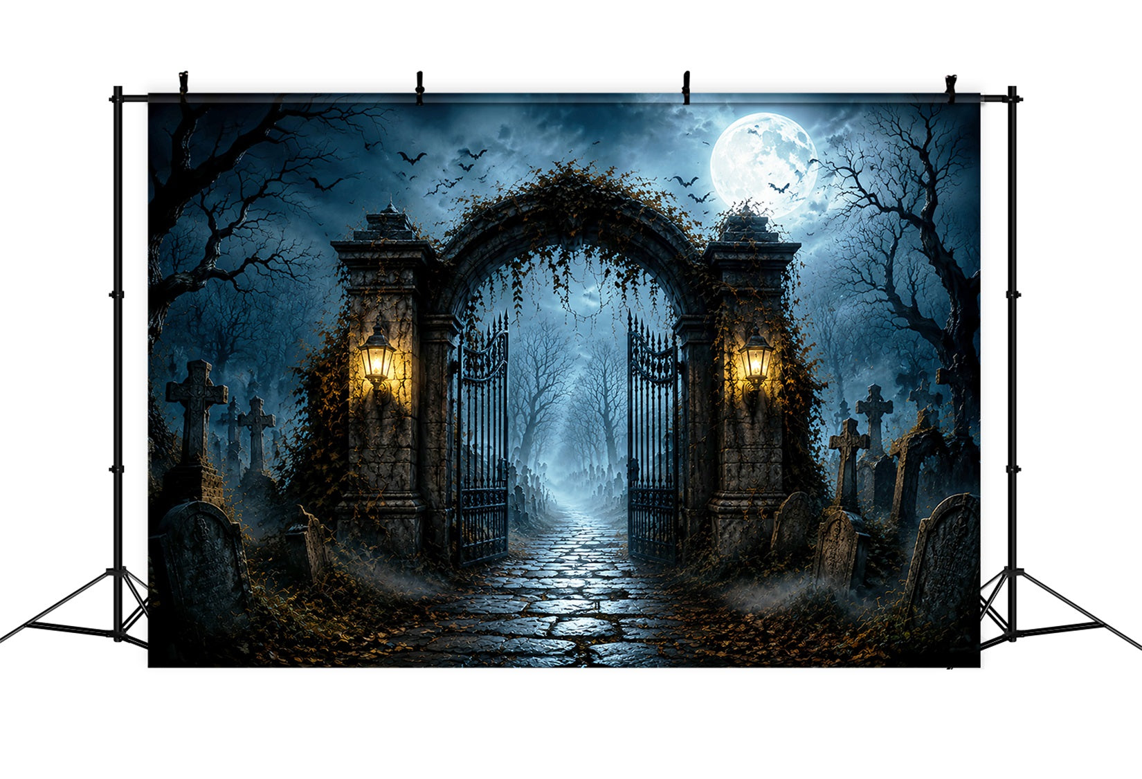 Backdrop Halloween Photo Booth Moonlit Cemetery Iron Gate Halloween Party Photo Backdrop UK LXX67-21