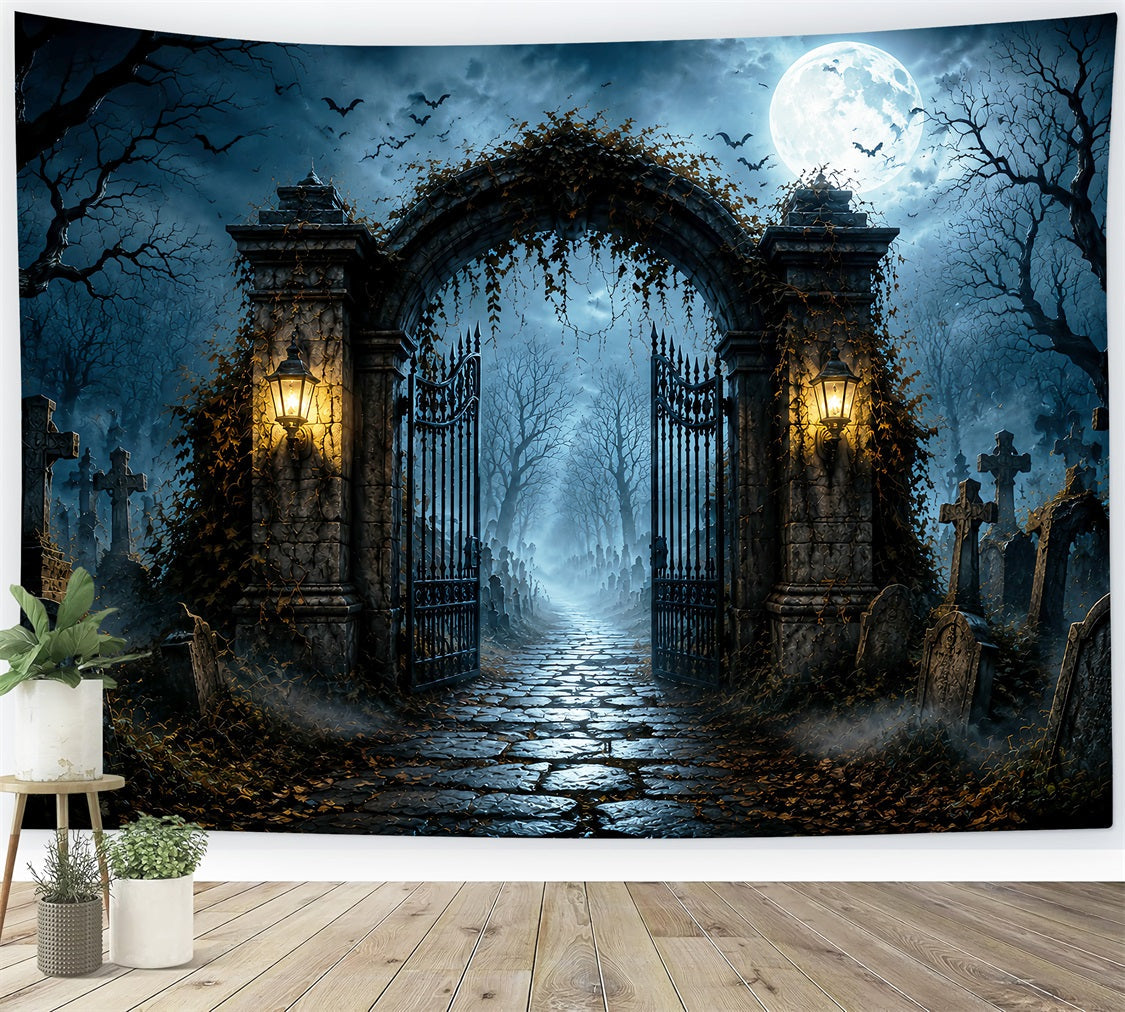 Backdrop Halloween Photo Booth Moonlit Cemetery Iron Gate Halloween Party Photo Backdrop UK LXX67-21
