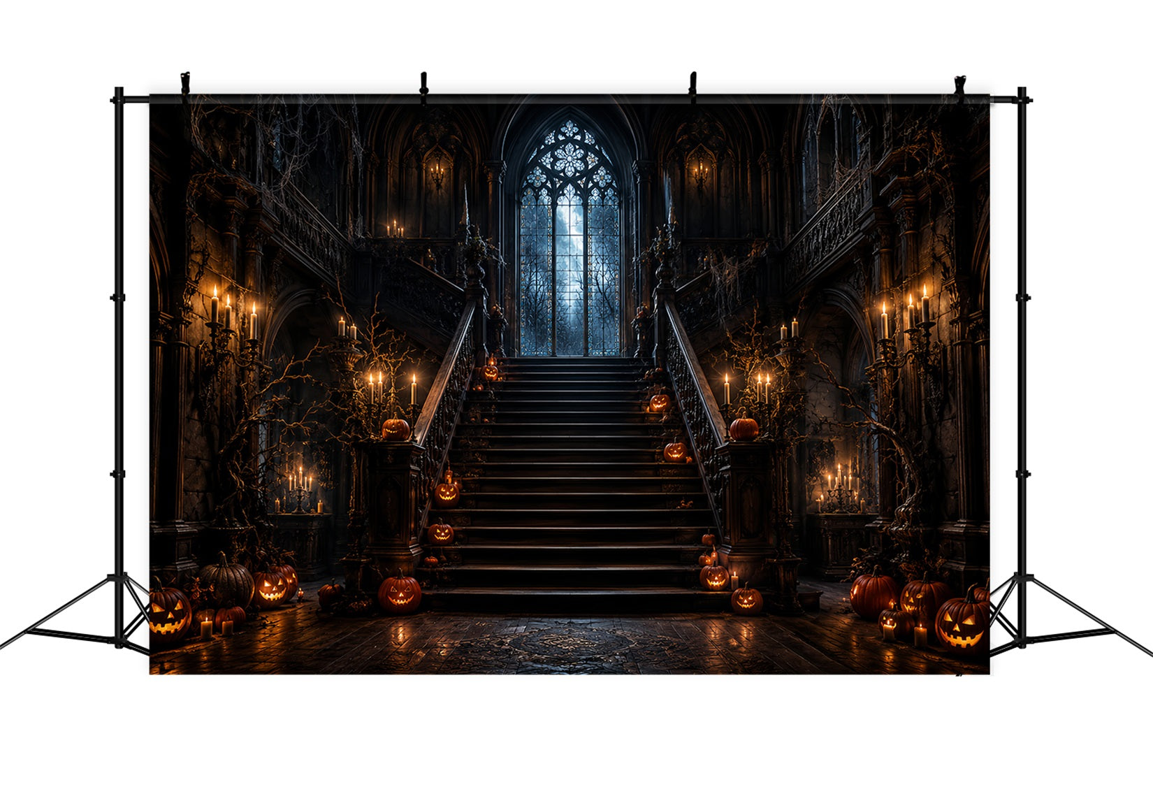 Haunted House Backdrop Candlelit Pumpkin Gothic Staircase Halloween Backdrop UK LXX67-210