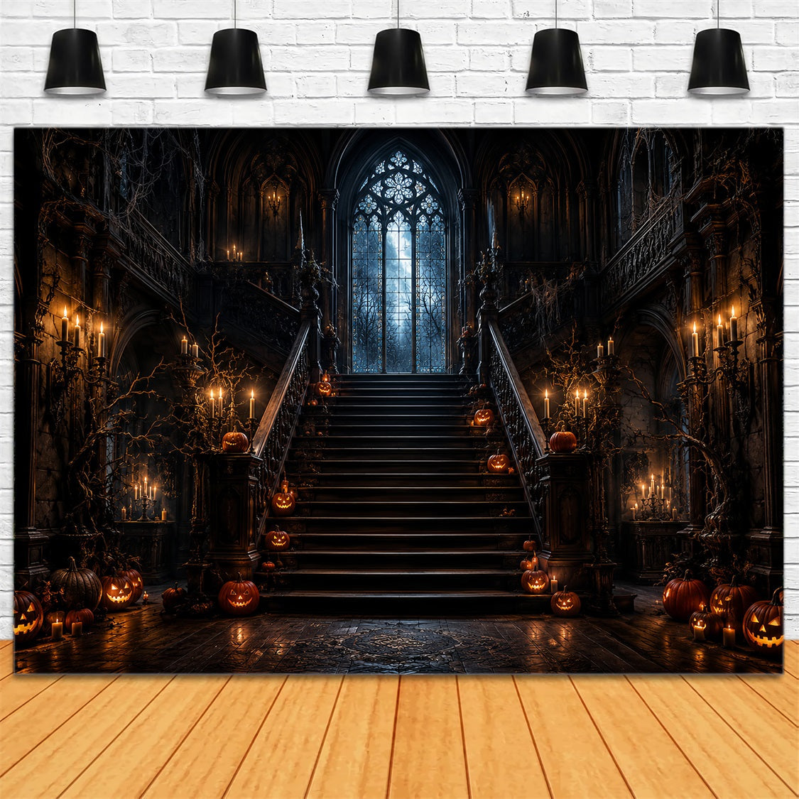 Haunted House Backdrop Candlelit Pumpkin Gothic Staircase Halloween Backdrop UK LXX67-210