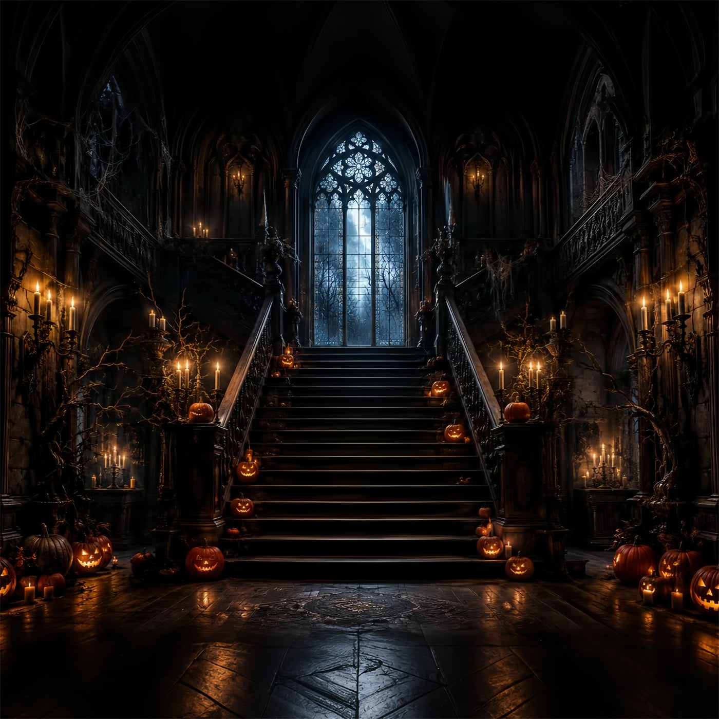 Haunted House Backdrop Candlelit Pumpkin Gothic Staircase Halloween Backdrop UK LXX67-210
