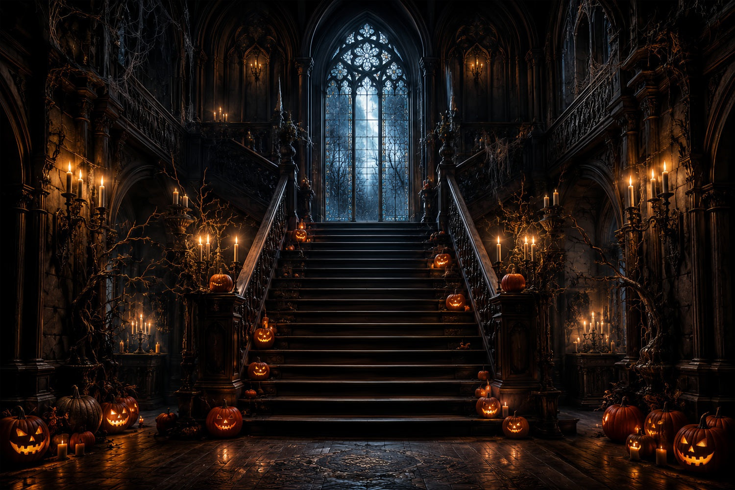 Haunted House Backdrop Candlelit Pumpkin Gothic Staircase Halloween Backdrop UK LXX67-210