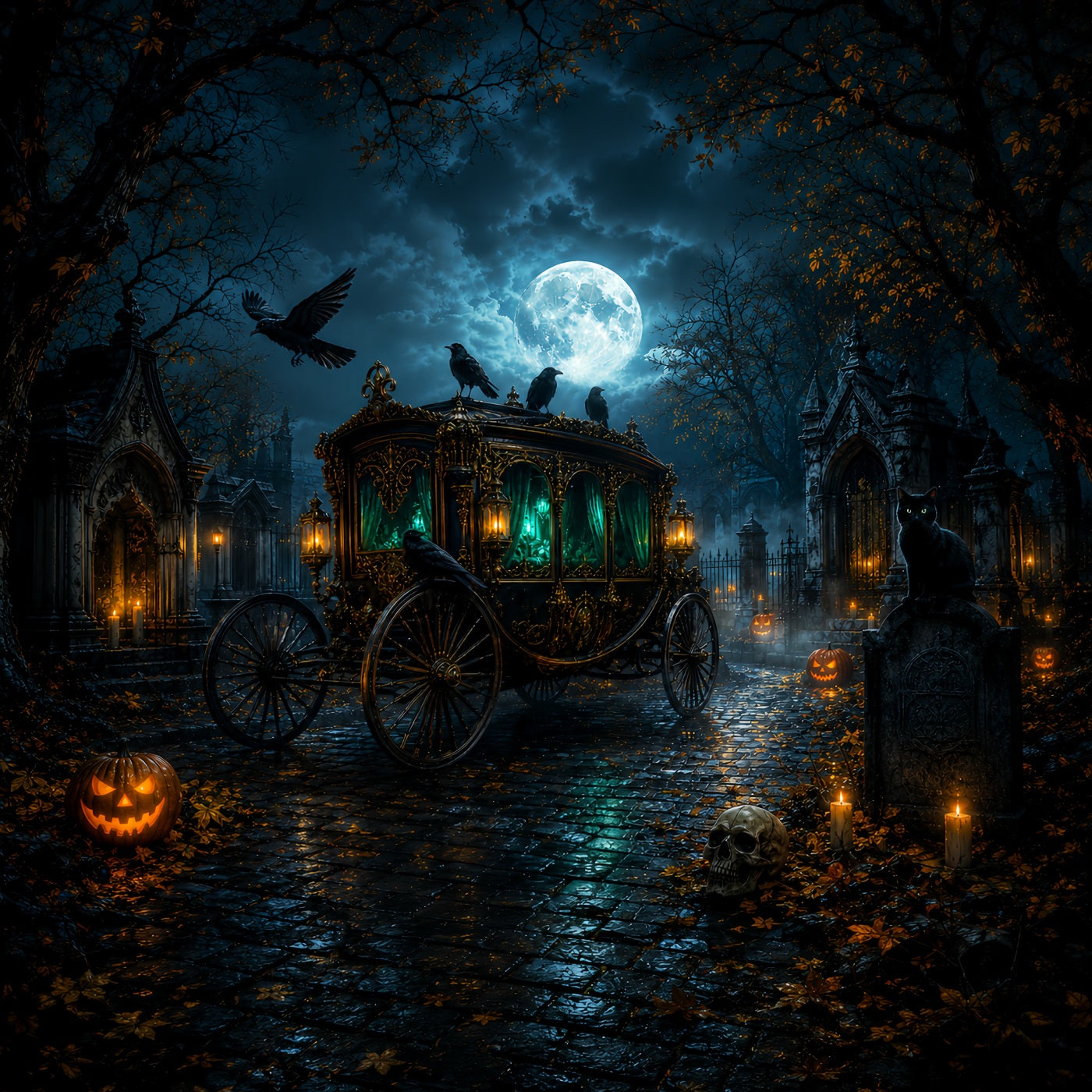 Graveyard Backdrop Moonlit Raven Funeral Carriage Halloween Backdrops UK LXX67-211
