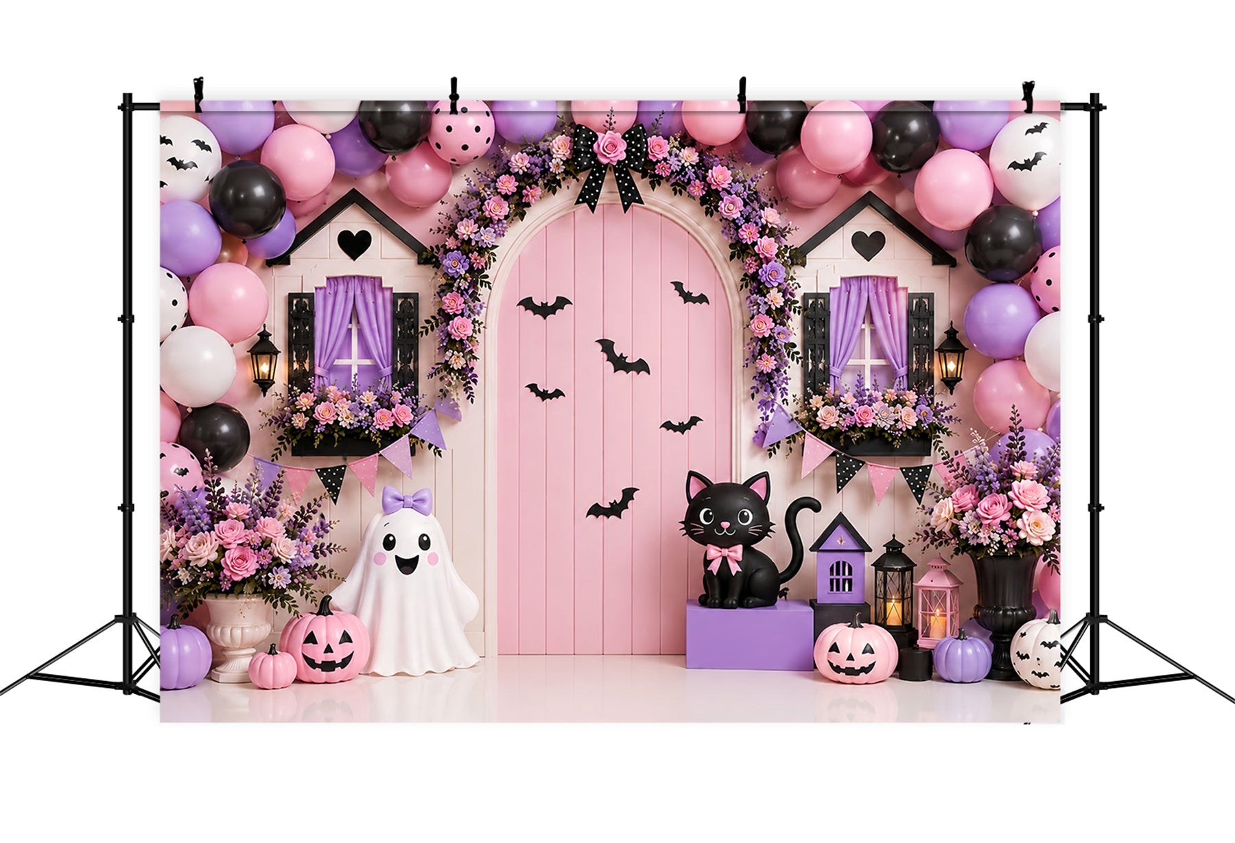 Pumpkin Patch Backdrop Pink Floral Ghost Doorway Halloween Photo Backdrop UK LXX67-212