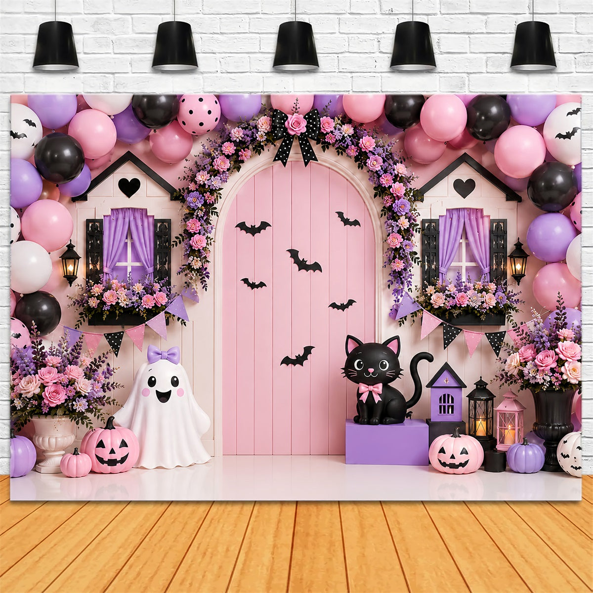 Pumpkin Patch Backdrop Pink Floral Ghost Doorway Halloween Photo Backdrop UK LXX67-212