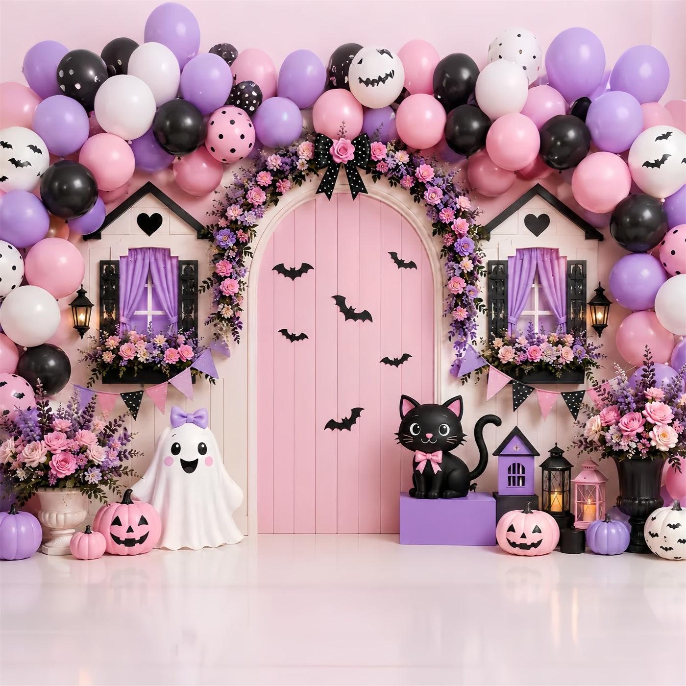 Pumpkin Patch Backdrop Pink Floral Ghost Doorway Halloween Photo Backdrop UK LXX67-212
