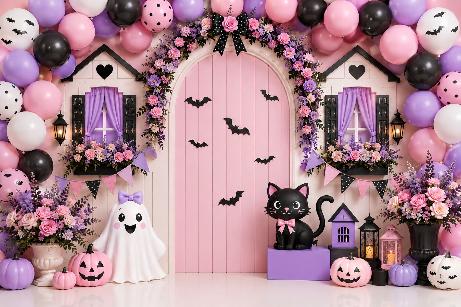 Pumpkin Patch Backdrop Pink Floral Ghost Doorway Halloween Photo Backdrop UK LXX67-212