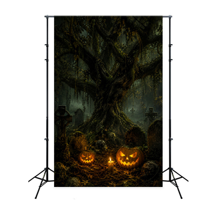 Cemetery Backdrop Mossy Skull Pumpkin Graveyard Halloween Backdrop For Photos UK LXX67-215