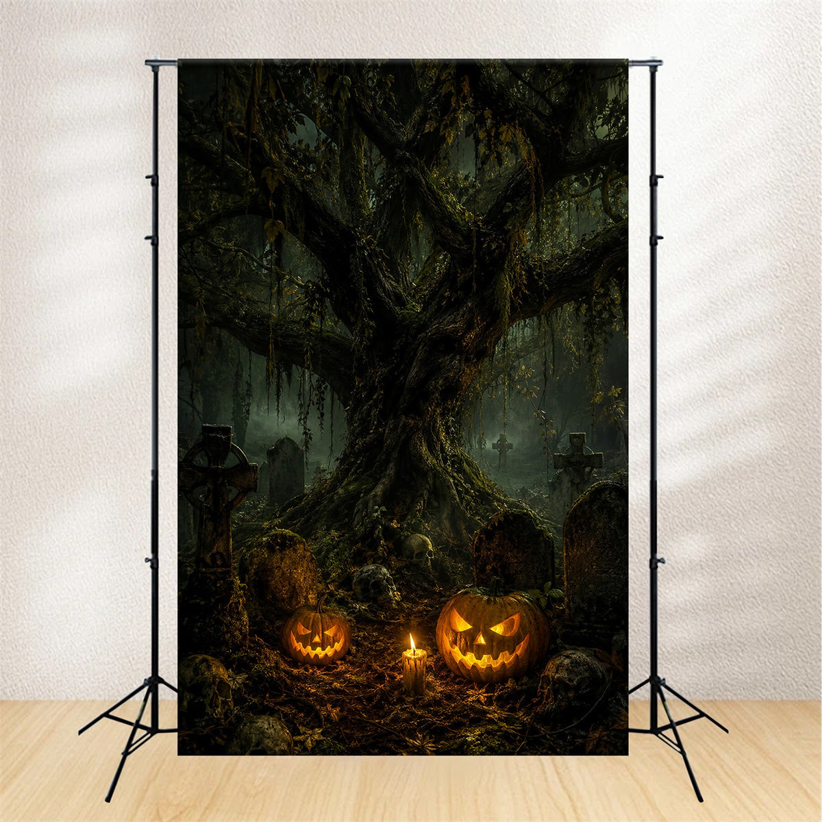 Cemetery Backdrop Mossy Skull Pumpkin Graveyard Halloween Backdrop For Photos UK LXX67-215