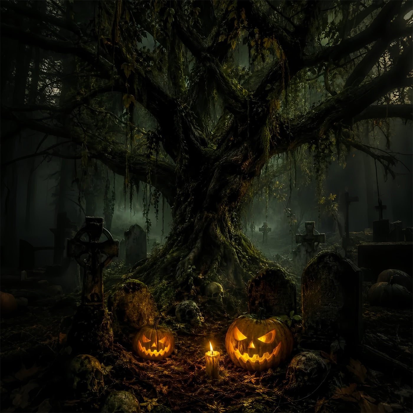 Cemetery Backdrop Mossy Skull Pumpkin Graveyard Halloween Backdrop For Photos UK LXX67-215