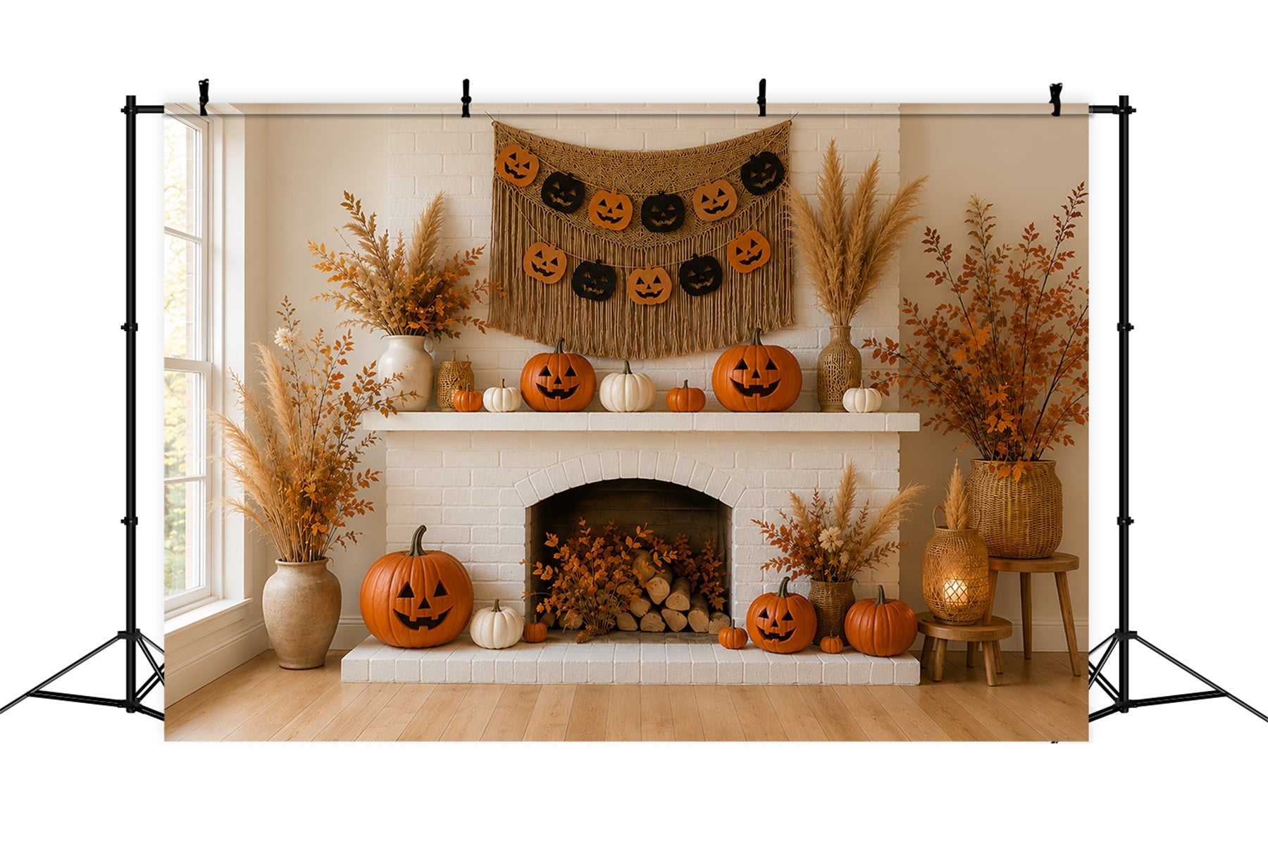 Pumpkin Backdrop Autumn Cozy Fireplace Mantel Halloween Backdrop Ideas UK LXX67-216