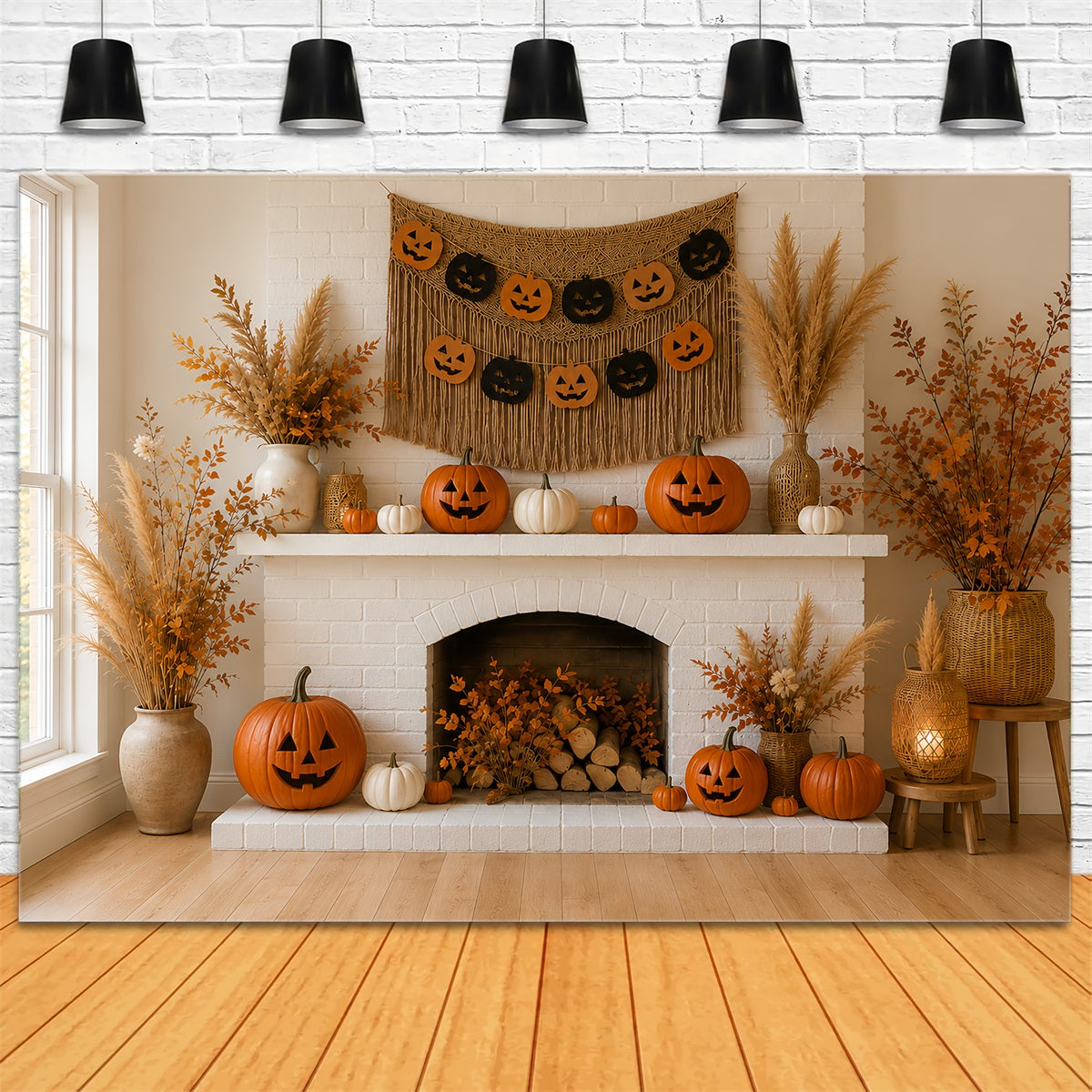 Pumpkin Backdrop Autumn Cozy Fireplace Mantel Halloween Backdrop Ideas UK LXX67-216